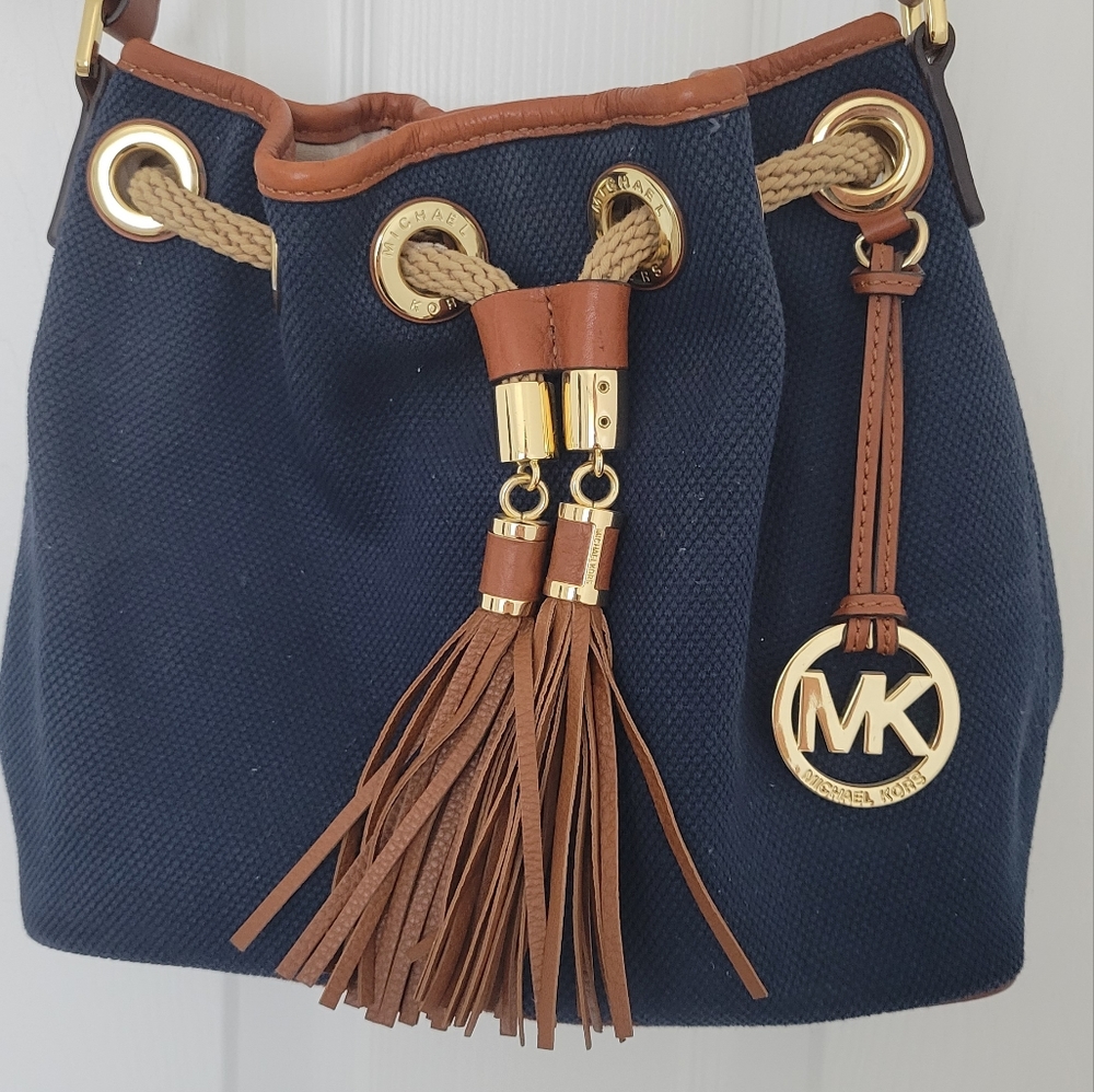 Michael Kors Midi  Marina Canvas Shoulder  Handbag Blue Crossbody 8x11
